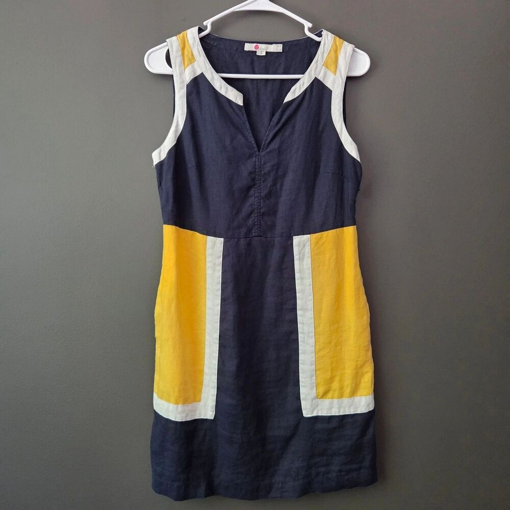 Boden Navy Blue Yellow Sleeveless Colorblock 100% Linen Shift Dress V-Neck 6R